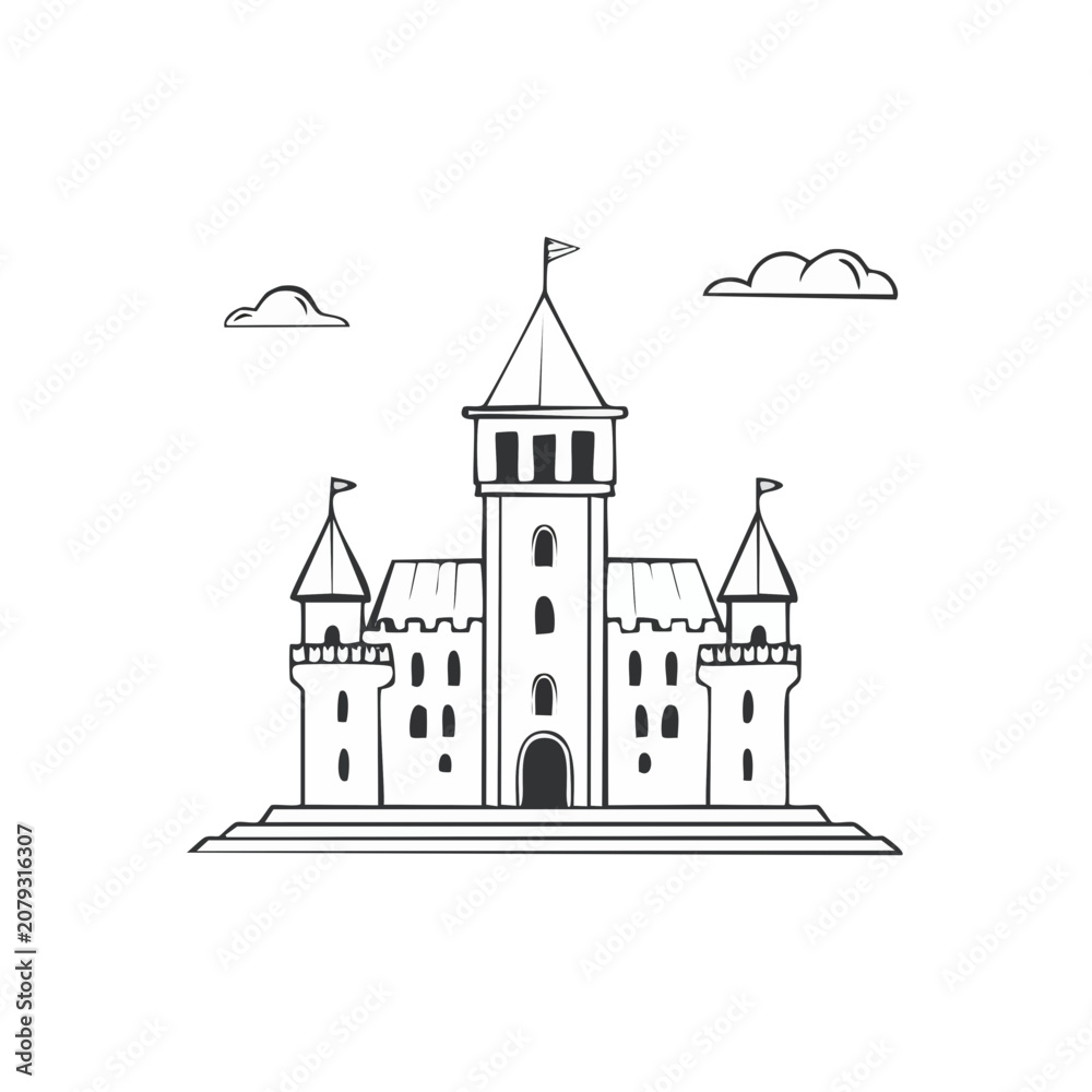 Fototapeta premium Stylized black and white outline of a medieval castle with towers and flags under clouds