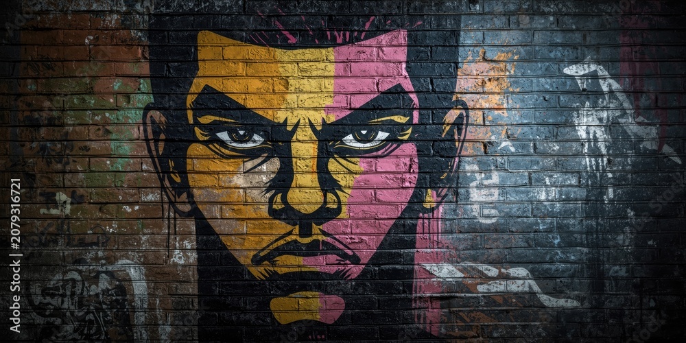 Fototapeta premium Urban art graffiti mural showcasing a bold face on a vibrant brick wall background with copy space
