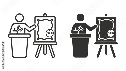 Fényképezés Auctioneer Conducting Sale: Two iconographic representations of an auctioneer presenting a framed artwork on an easel, gavel in hand, with a Sold label clearly visible on the artwork