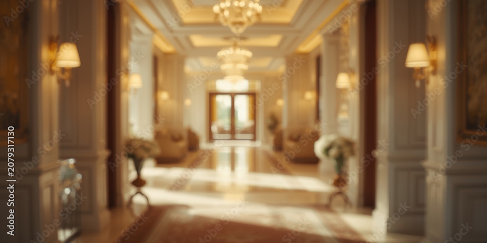 Fototapeta premium Luxurious hotel corridor with chandeliers and floral arrangements