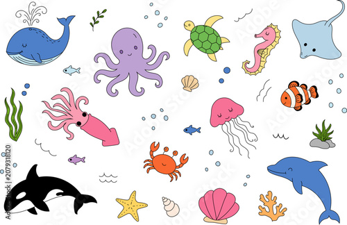 Cute Sea Animals Doodle Set with Ocean Marine Life Cartoon Collection