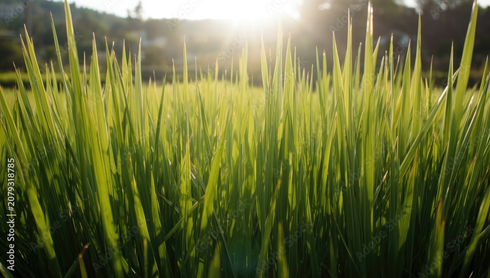 Obraz premium Green rice stalks in sunlight at a field