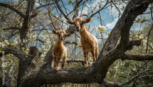 Two goats standing on a tre...