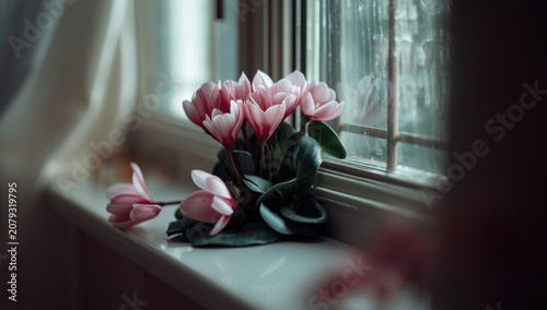 Cyclamen blooms on a window...
