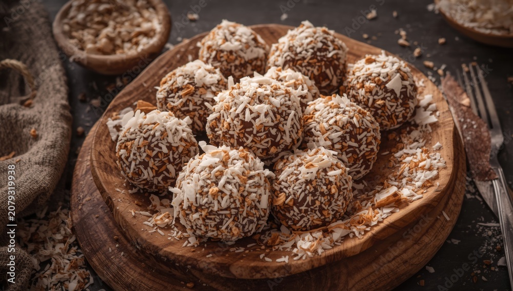 Fototapeta premium Rich rum balls dusted with shredded coconut arranged on wooden dish