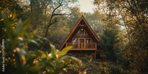 A-frame cabin surrounded by...