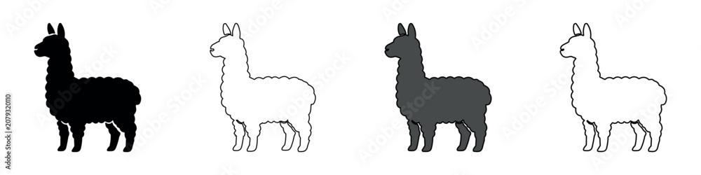 Fototapeta premium Collection of four llama icons in silhouette and outline styles