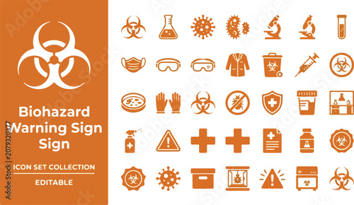 Photos Biohazard and laboratory safety icon set in orange