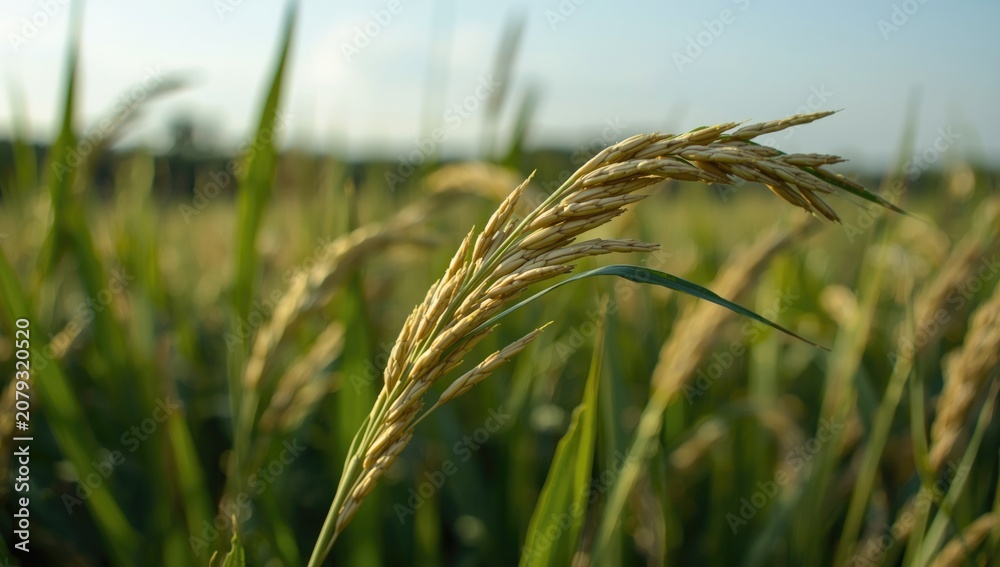 Fototapeta premium Rice grain ear growing in a field under sunlight