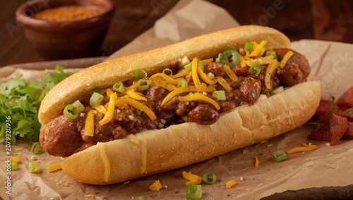 Chili cheese hot dog with g...