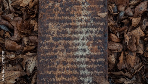 Rusty metal plate on a bed ...