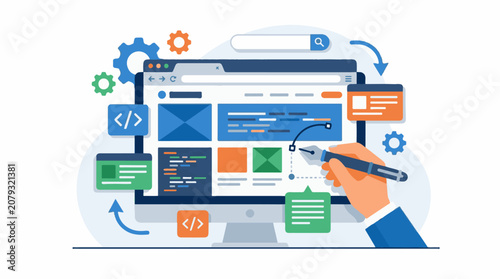 A hand holding a pen interacts with a web design interface on a computer monitor surrounded by coding symbols and arrows