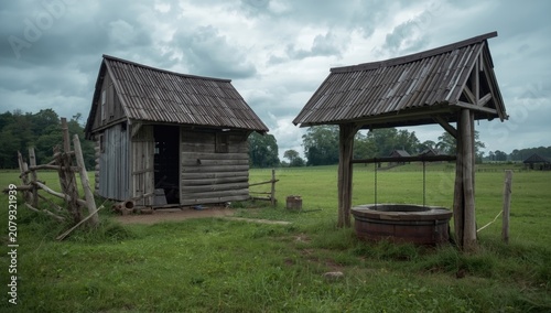 Wooden shed and well in an ...