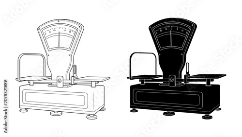 Bild auf Leinwand Vintage Weighing Scale: Two vintage weighing scales, one in outline and the other in silhouette, stand as a testament to classic design and measurement