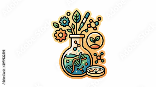 A colorful illustration of a flask with a plant growing out of it surrounded by science symbols