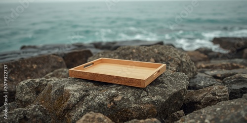 Natural wood tray resting o...