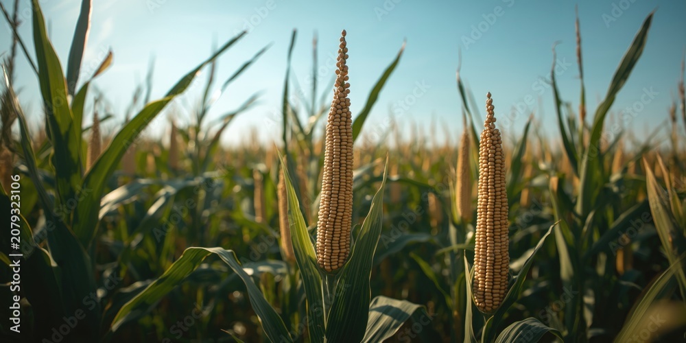 Fototapeta premium Maize field showcasing tall plants with kernels rich in starch for harvest
