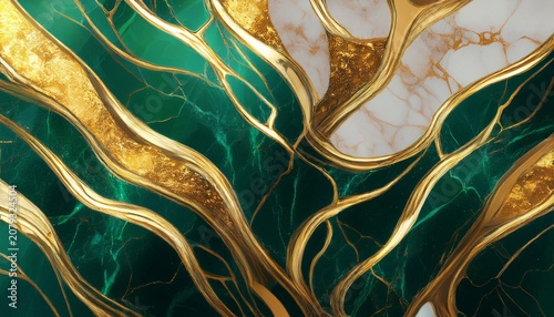Golden Green Shiny Veins And Cracked Marble Texture Background Created By Generative Ai