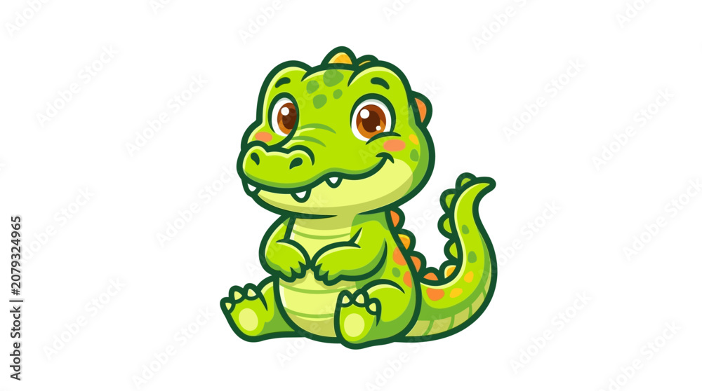 Fototapeta premium Cute Cartoon Green Dinosaur Sitting Down.