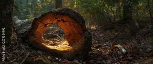 Sunlit hollow wooden log re...