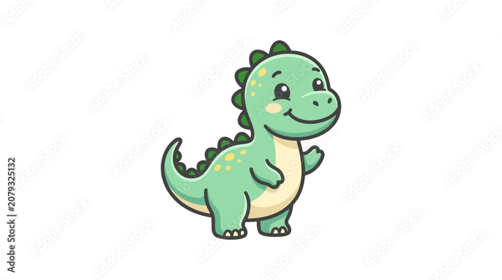 Fototapeta premium Cute green cartoon dinosaur standing alone.