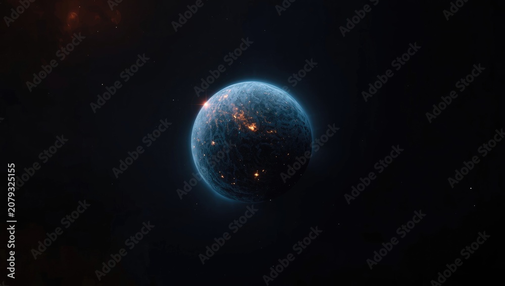 Fototapeta premium shining blue orange celestial body hovering over black cosmic background