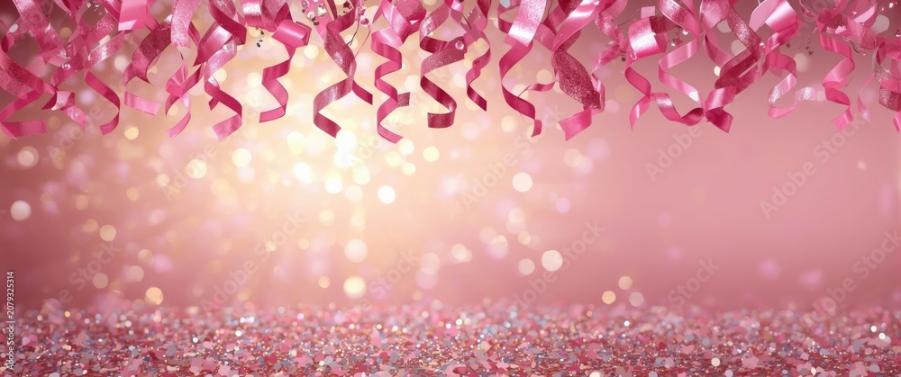 Fototapeta premium Lively festive decoration with shimmering pink party ribbons and sparkling confetti on bright bokeh lights