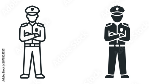 Obraz na płótnie Police Officer Icon: A clean, modern illustration depicting a police officer in uniform with arms crossed, shown in both outline and silhouette styles, representing authority and security