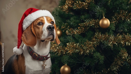Beagle wearing a Santa hat ...