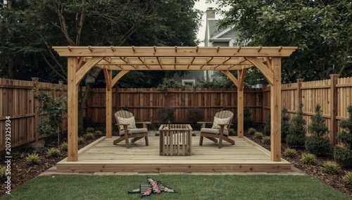 Wooden pergola with seating...