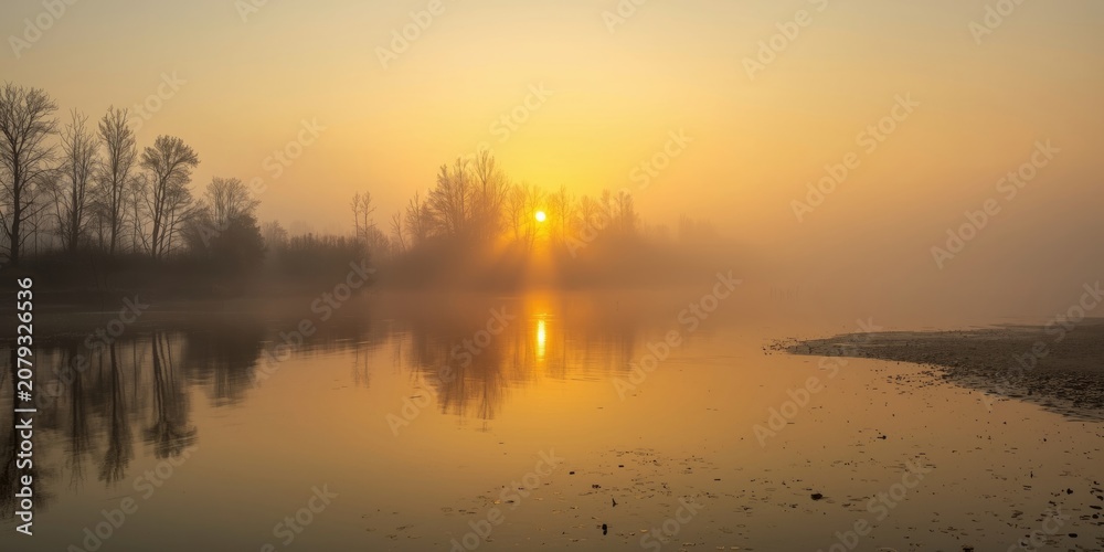 Obraz premium Sunrise over a misty river with silhouetted trees