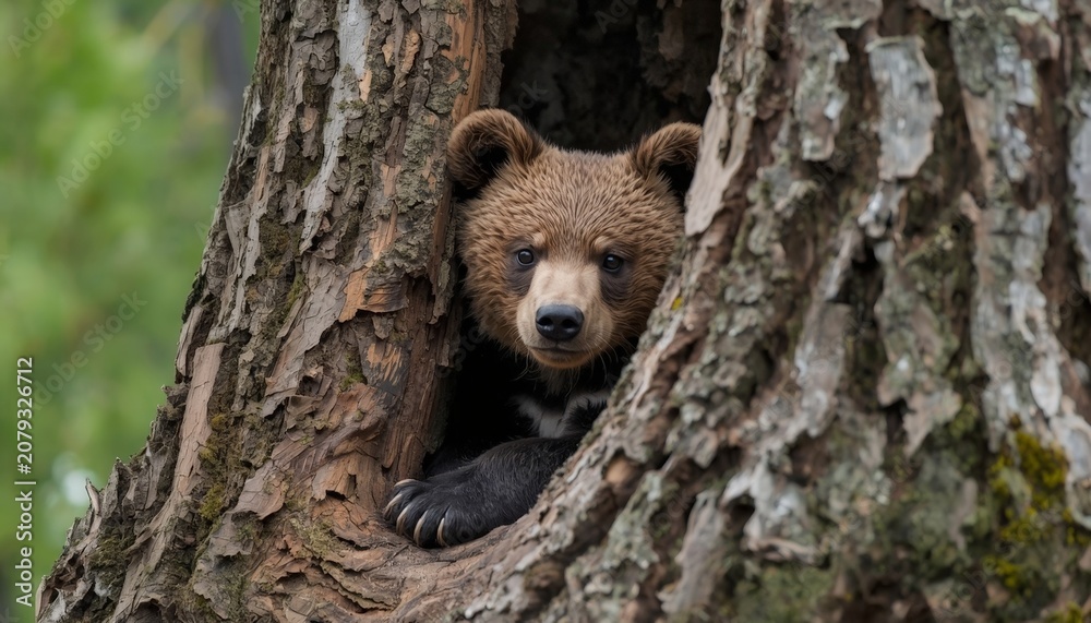 Obraz premium There is a brown bear that is looking out of a hole in a tree