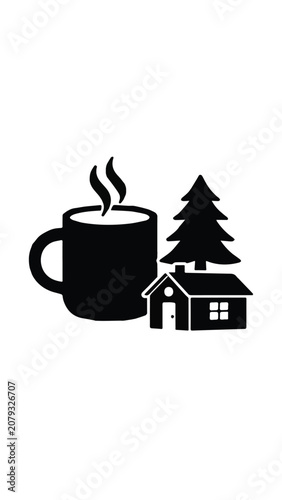 Cozy morning scene with steaming coffee mug glasses and pine tree for relaxing and comfort themed background