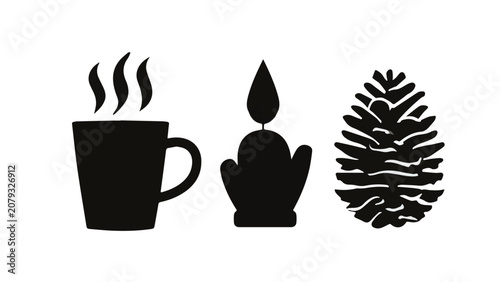 Black silhouetted camping scene with a steaming cup a lamp and a pinecone against a dark background for outdoor adventure imagery
