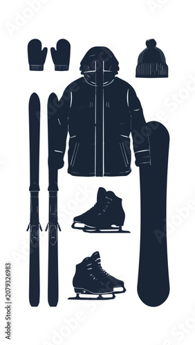 Winter sports equipment including skis snowboard boots gloves and hat in cool color scheme for outdoor recreation
