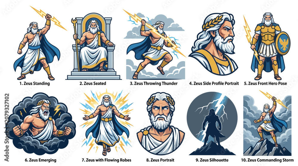 Fototapeta premium Zeus Character Collection Icon Set Premium Greek Mythology Vector