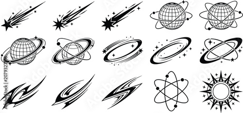 Canvastavla Set of black and white space themed graphic elements featuring planets and comet