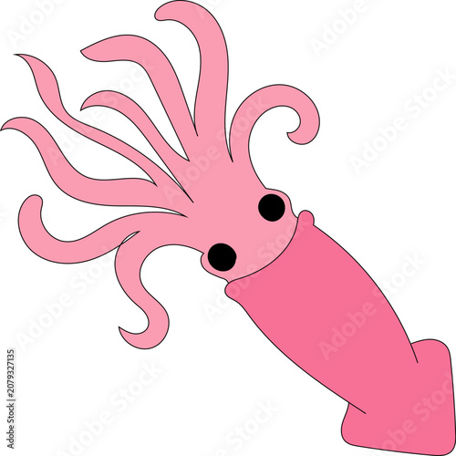 Pink cartoon squid head with flowing tentacles, bold black outlines and playful expression on clean white background, close-up composition in top-right corner, with pink, squid, squidhead, tentacle