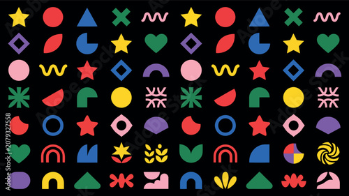 A Vibrant Collection Of Minimalist Geometric Shapes Arranged On A Black Background