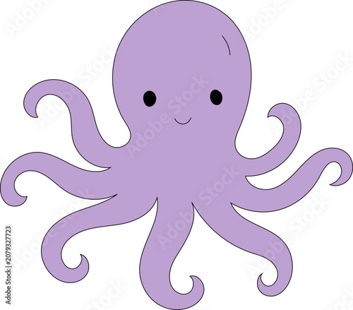 Cute purple octopus cartoon character with smiling face, curling tentacles, simple eyes, bold outline, playful marine style for children, nursery decor, stickers, posters, apparel, packaging, and