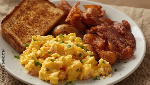 Scrambled eggs, bacon, toas...