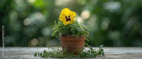 Yellow pansy flower in a te...