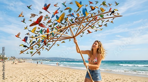 Woman holding umbrella with flock of colorful birds flying around on beach
