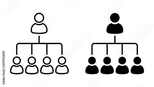 Foto Organizational Chart Icons: Two simple icons illustrating an organizational structure, one in outline and the other in solid black, depicting a hierarchy of management and subordinates