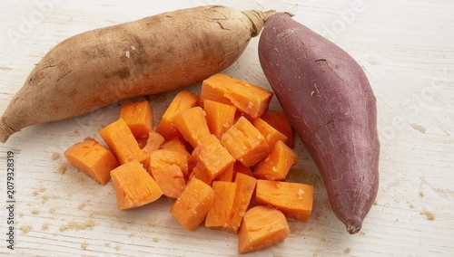 Cut sweet potatoes and whol...