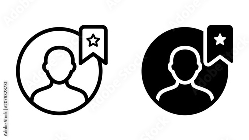 User icon with bookmark symbol: A minimalist vector icon set featuring a user profile within a circle, accompanied by a bookmark icon signifying favorites or saved items.