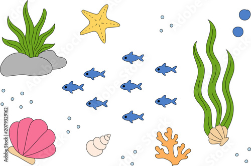 Seamless marine life pattern with seaweed, shells, starfish, fish, coral, rocks, bubbles, in flat colorful style for surface design, textile, nursery decor, packaging