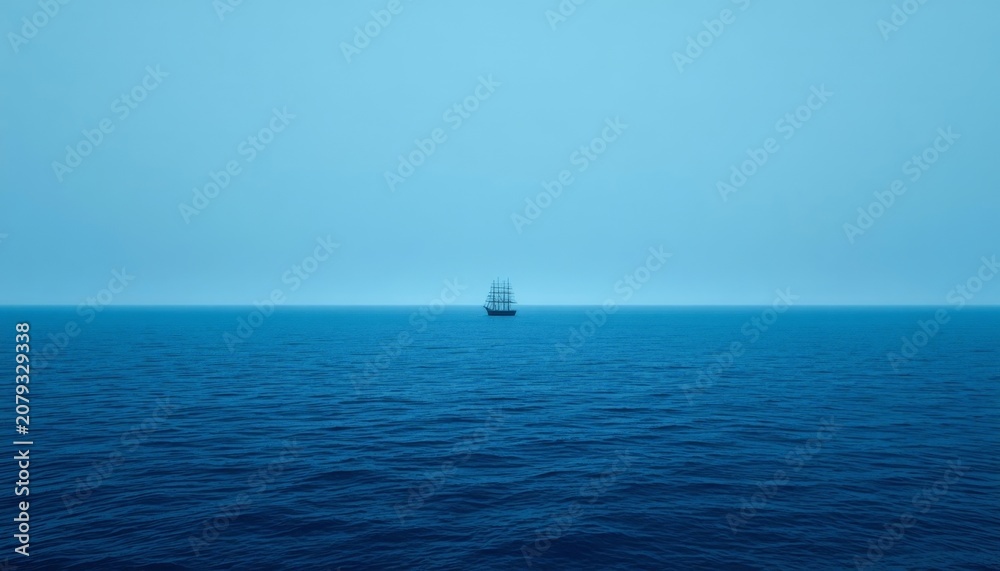 Fototapeta premium There is a boat in the middle of the ocean on a foggy day