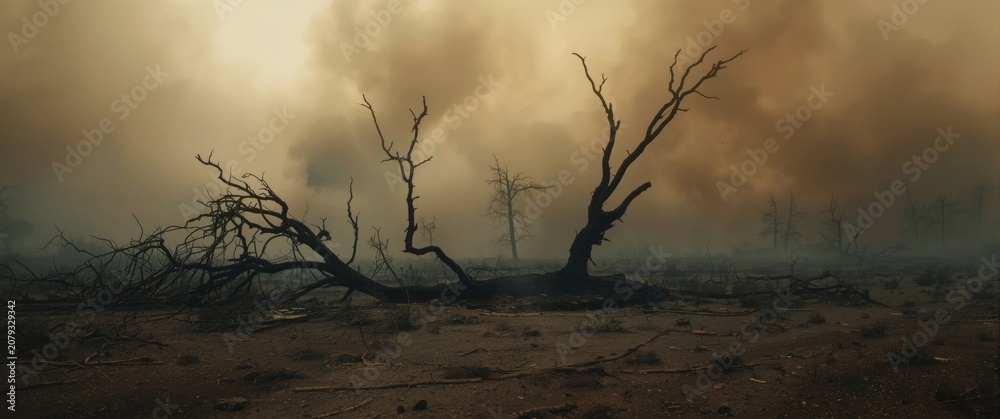 Fototapeta premium Post wildfire environment with heavy smoke and scorched fallen tree