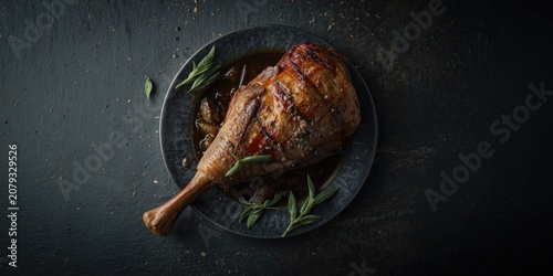 Roasted meat leg on a dark ...